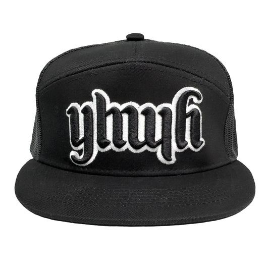 YHWH 7 Panel Trucker Hat B/W