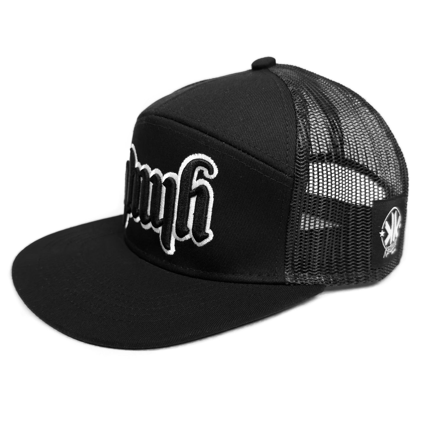 YHWH 7 Panel Trucker Hat B/W